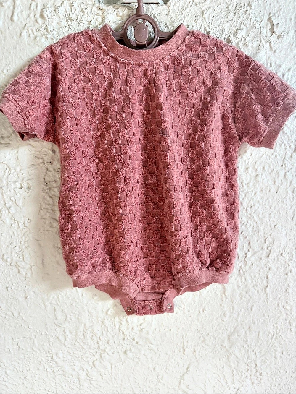 Like new Rylee and Cru Pink Check Noah Romper - size 12-18 months